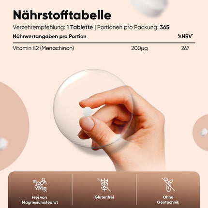 K2 vitamīna MK7-365 vegāniskās tabletes - 200µg devā - 100% trans-menahinons - 1 gada krājums - K vitamīna uztura bagātinātāji no WeightWorld