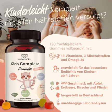 wowtamins Kids Complete bez cukura - vegānas multivitamīnu želejkonfektes ar Omega 3 (30 dienu piegāde) - vitamīni bērniem - uztura bagātinātājs imūnsistēmai ar C, D3, B12 vitamīniem, cinku un citiem vitamīniem
