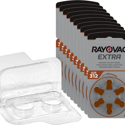 60 x Rayovac Extra Advanced 312 dzirdes aparātu baterijas, 10 x 6 blisteriepakojumā, PR41 Braun 24607 + uzglabāšanas kaste 2 dzirdes aparātu baterijām (10, 13, 312, 675), bateriju kaste 2 pogas tipa baterijām līdz 12 mm x 6 mm (Ø x augstums)