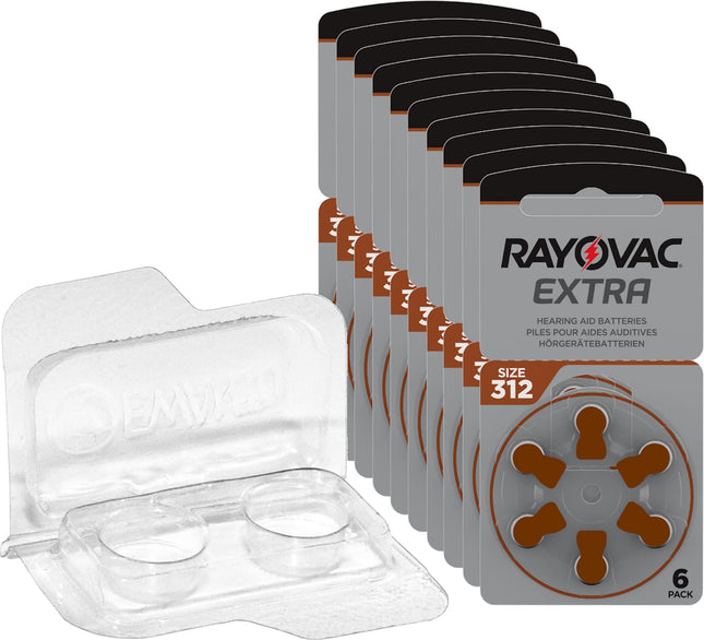 60 x Rayovac Extra Advanced 312 dzirdes aparātu baterijas, 10 x 6 blisteriepakojumā, PR41 Braun 24607 + uzglabāšanas kaste 2 dzirdes aparātu baterijām (10, 13, 312, 675), bateriju kaste 2 pogas tipa baterijām līdz 12 mm x 6 mm (Ø x augstums)