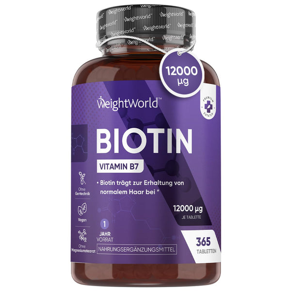 Biotīna tabletes — 12 000 mcg vienā tabletē — Biotīns veicina normālu matu uzturēšanu (EFSA) — 365 vegāniskas tabletes — 1 gada krājums — Bez magnija stearāta — B7 vitamīns — WeightWorld