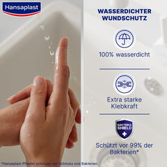 Hansaplast Aqua Protect plāksteri (20 strēmelītes), ūdensizturīgi brūču plāksteri ar īpaši spēcīgu līmi, pašlīmējošs plāksteris, kas ideāli piemērots dušošanai, peldēšanai un vannošanai.