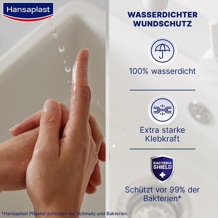 Hansaplast Aqua Protect plāksteri (20 strēmelītes), ūdensizturīgi brūču plāksteri ar īpaši spēcīgu līmi, pašlīmējošs plāksteris, kas ideāli piemērots dušošanai, peldēšanai un vannošanai.