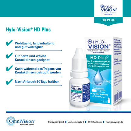 Hylo-Vision HD Plus acu pilieni – mitrina un aizsargā sausas un kairinātas acis, veicina šūnu atjaunošanos, nedaudz viskozi, piemēroti kontaktlēcām, 2 x 15 ml