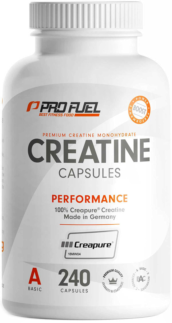 Kreatīna kapsulas 240x ar 850 mg Creapure® kreatīna monohidrāta - augstas kvalitātes kreatīns, ražots Vācijā - optimāli dozēts ar 3000 mg tīra kreatīna dienā - laboratoriski pārbaudīts ar sertifikātu - 100% vegāns
