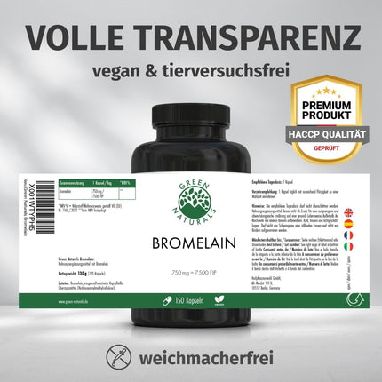 Bromelaīns — augsta deva: 750 mg (7500 FIP) — 150 kapsulas — 5 mēnešu krājumi — zarnās šķīstošās kapsulas — dabīgs ananāsu ekstrakts — Green Naturals®
