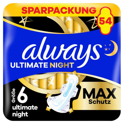 Always Ultimate Night higiēniskās paketes (6. izmērs) ar spārniņiem, 54 iepakojumi, īpaši absorbējošas, menstruācijām