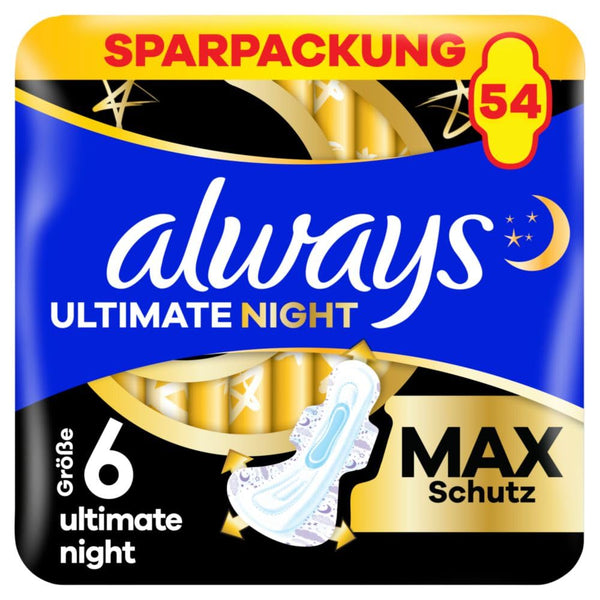 Always Ultimate Night higiēniskās paketes (6. izmērs) ar spārniņiem, 54 iepakojumi, īpaši absorbējošas, menstruācijām