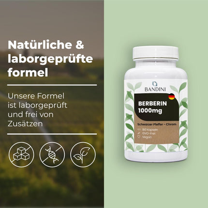 Bandini® Berberīns 1040 mg tīrs, augsta deva | 180 vegānas kapsulas | Tīrs berberīna HCl no Berberis Aristata 97% + hroms un melnie pipari | Maksimālā absorbcija | Gremošana, aknas, zarnu darbība