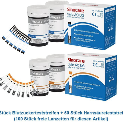 sinocare urīnskābes līmeņa asinīs mērītājs, Safe AQ UG asins glikozes mērītāja komplekts ar 50 asins glikozes testa strēmelītēm un 50 urīnskābes testa strēmelītēm (Safe UG komplekts ar testa strēmelītēm 50+50)