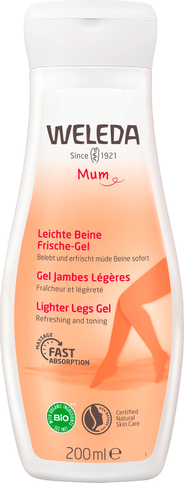 WELEDA Bio Mama Light Legs Fresh Gel – dabīgas kosmētikas ķermeņa kopšanas kāju losjons saspringtu kāju kopšanai grūtniecības laikā. Atsvaidzina un uzmundrina ar citrusaugļu aromātu (1x 200 ml)