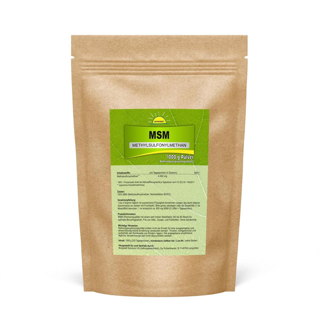 MSM, 1 kg pulveris maisiņā, augstākā kvalitāte (99,95% tīrība, 60-80 mesh), bez silīcija dioksīda, bez DMSO atlikumiem, Bonemis®