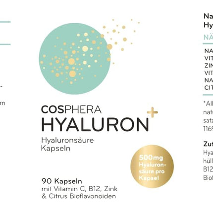 Hialuronskābes kapsulas ar augstu devu – 500 mg vienā kapsulā – 90 vegāniskas hialuronskābes kapsulas 3 mēnešu krājumā – 500–700 kDa I Bagātināts ar cinku, lai veicinātu normālas ādas un kaulu veselības uzturēšanu.