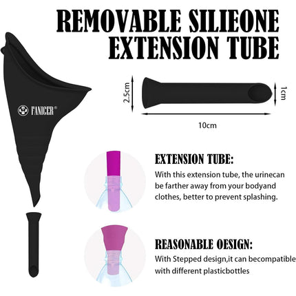 Urinella sievietēm, urinēšanas palīglīdzeklis sievietēm ar viengabala urinēšanas piltuvi, pārnēsājams, atkārtoti lietojams pisuārs sievietēm. Ideāli piemērots aktivitātēm brīvā dabā, kempinga tualetēm, festivāliem un ceļošanai. (Melns)