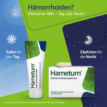 Hametuma hemoroīdu komplekts | 25 g ziede | 10 svecītes un mitrās salvetes | augu izcelsmes zāles ar burvju lazdu | pretiekaisuma līdzeklis | mazina niezi un dedzināšanu | labi panesams