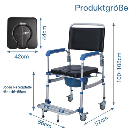 Bimiti tualetes krēsls ar ritentiņiem līdz 150 kg dušas ratiņkrēsls Ūdensizturīgs tualetes krēsls Mobilais aprūpes krēsls senioriem, slimniekiem, invalīdiem un grūtniecēm