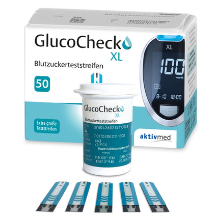 GlucoCheck XL asins glikozes testa strēmeles (50 strēmeles) glikozes līmeņa asinīs kontrolei (ierīce nav iekļauta)