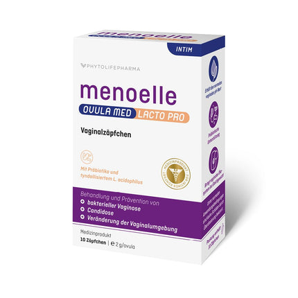menoelle® OVULA med Lacto Pro. Bakteriālas vaginozes, maksts rauga infekcijas, iekaisušu gļotādu un maksts sausuma gadījumā. Ar pienskābi, probiotikām un kopšanas kompleksu. Bez hormoniem. 10 svecītes.