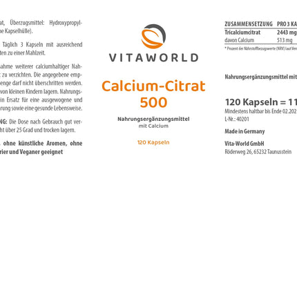 3 kapsulu Vita World kalcija citrāts 500 mg 3 x 120 kapsulas Farmaceita ražots kalcija citrāts Vegāns