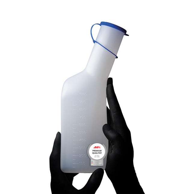 Urīna pudele vīriešiem, 1000 ml, kvadrātveida, piena krāsā ar zilu vāciņu: dezinficējama un karstumizturīga urīna savākšanas tvertne vīriešiem