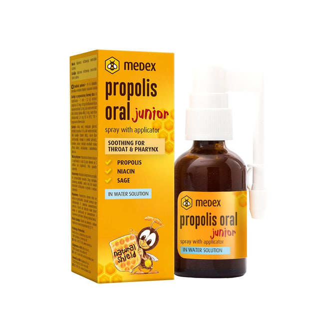 Medex Propolis Oral Junior, propolisa aerosols, mutes un rīkles aerosols, uz ūdens bāzes, BEZ spirta; ar pievienotu medu, salviju, niacīnu, egļu galiem, ar aplikatoru, bērniem no 3 gadu vecuma, 30 ml