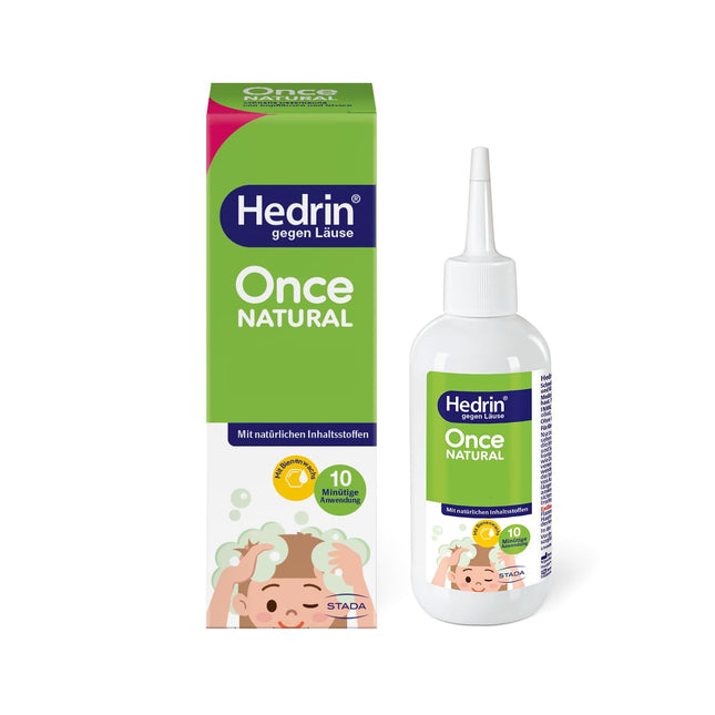 HEDRIN Once Natural, utu līdzeklis ar dabīgām sastāvdaļām galvas utu saudzīgai ārstēšanai, bez pesticīdiem, spirta, smaržvielām un silikoniem – hipoalerģisks – 100 ml losjons