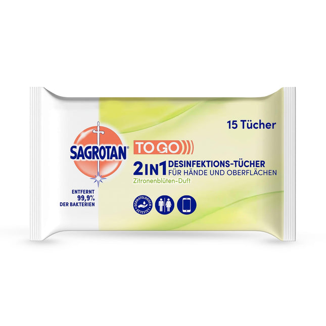 Sagrotan 2-in-1 dezinfekcijas salvetes ar citronu ziedu aromātu – roku un virsmu dezinfekcijai – 15 salvetes