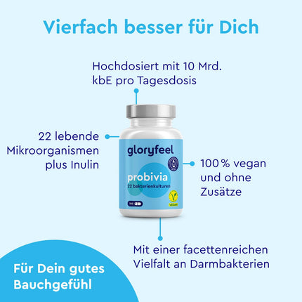 Probivia® kultūru komplekss ar 500 miljardiem KVV/g* - 22 baktēriju celmi + inulīns - 180 kuņģa sulu izturīgas kapsulas - ieskaitot Lactobacillus, Bifidobacterium - *tas atbilst 10 miljardiem KVV vienā dienas devā