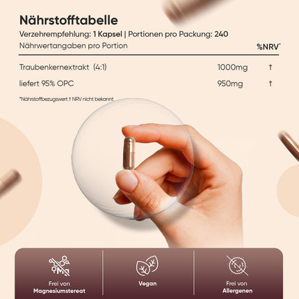 OPC vīnogu kauliņu ekstrakts - 240 kapsulas - 1000 mg ekstrakta vienā kapsulā - 8 mēnešu krājumi - 95% OPC - no franču vīnogām - WeightWorld