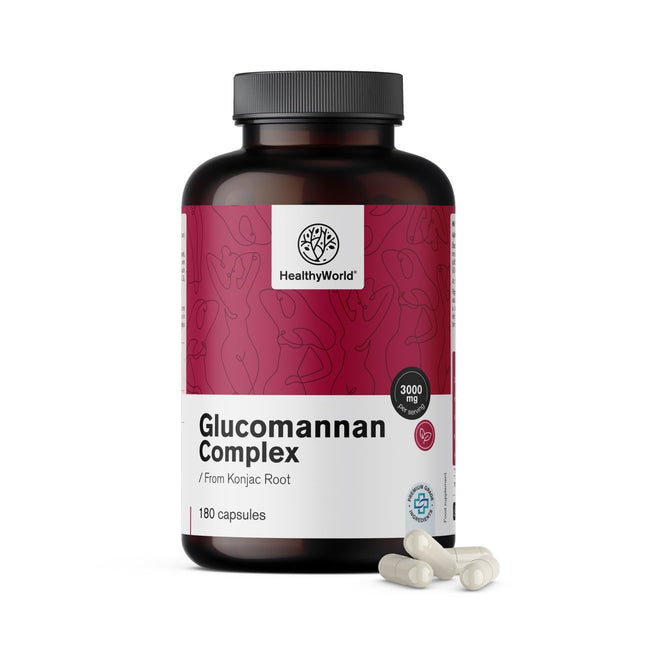 HealthyWorld® glikomanāna komplekss 3000 mg – no konjaka saknes – 180 kapsulas – svara zaudēšanas atbalstam – ar pievienotu holīnu, hromu, D3 un B3 vitamīniem – bez ĢMO – 1 mēneša krājums