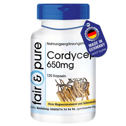 Fair &amp; Pure® - Cordyceps 650mg - 120 kapsulas - Cordyceps Sinensis - bez magnija stearāta - vegāns