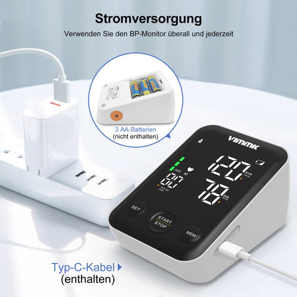 Vimmk asinsspiediena mērītājs augšdelmam, digitālais asinsspiediena mērītājs ar LED displeju, aritmijas noteikšana un pulsa mērīšana, 2x120 atmiņa, aproce 22-40cm