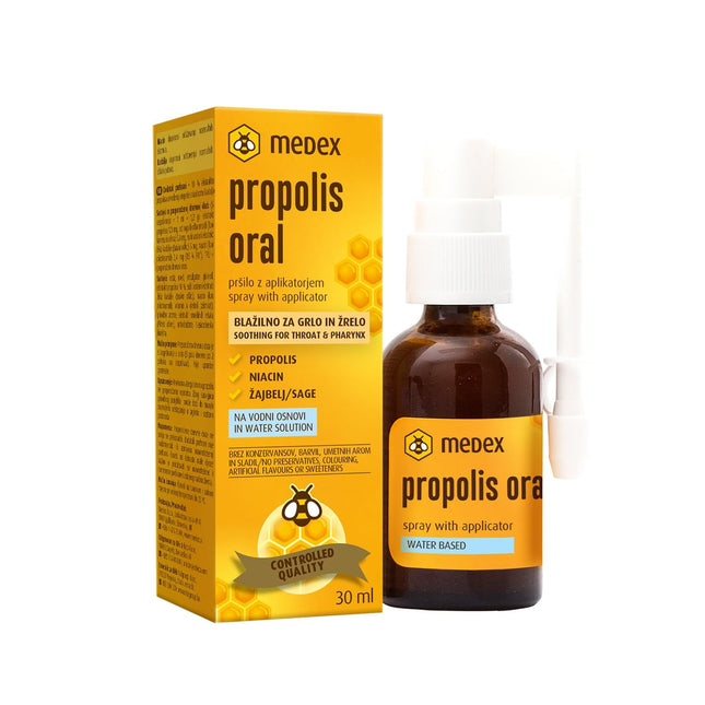 Medex Propolis Oral, propolisa aerosols, mutes un rīkles aerosols, uz ūdens bāzes, BEZ spirta; Ar medu, salviju, niacīnu, ehināciju, standartizētiem bioflavonoīdiem, ar aplikatoru, 30 ml
