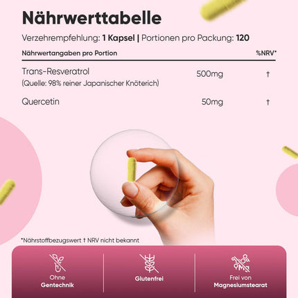 Resveratrola kapsulas - 500 mg trans-resveratrola ar 50 mg kvercetīna - 4 mēnešu krājums - OPC kapsulu alternatīva - 120 vegānas kapsulas bez magnija stearāta - polifenoli no dirzenēm - WeightWorld