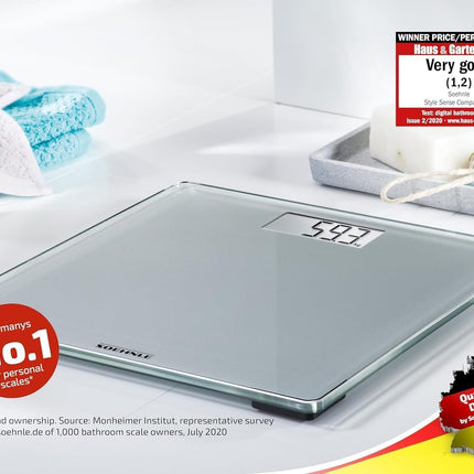 Soehnle Style Sense Compact 300 personālie digitālie svari ar īpaši lielu platformu, svari ar viegli nolasāmu LCD displeju, personālie svari īpaši plakanā dizainā, ķermeņa svari no drošības stikla