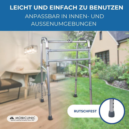 Mobiclinic®, Iešanas palīglīdzeklis, Mezquita, Eiropas zīmols, Iešanas rāmis, Salokāms, Viegls, Regulējams augstums, Senioriem, Izgatavots no alumīnija, Neslīdošs, Ergonomiski rokturi, Līdz 100 kg, Sudraba krāsā
