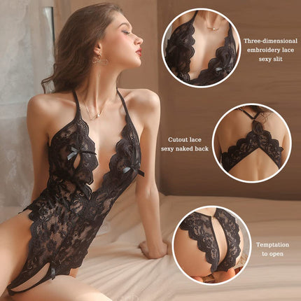 KOEMCY seksīga ķermeņa apakšveļa sievietēm Babydoll ķermenis sievietēm seksīga mežģīņu apakšveļa rotaļu bodijs dziļa V veida kakla apakšveļa viengabala erotiska apakšveļa negligee (melna, S)