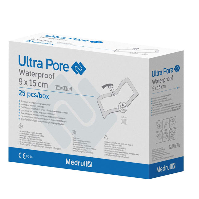 Medrull ūdensizturīgi brūču plāksteri ULTRA PORE 15 x 9 cm 100% ūdensizturīgs plāksteris Sterils, caurspīdīgs, stipra fiksācija - Aizsargā pret griezumiem un skrāpējumiem - Ideāli piemērots dušošanai, sportam, vannošanai 25 gabali