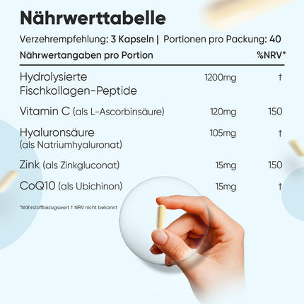 Jūras kolagēna komplekss - 1200 mg hidrolizētu zivju kolagēna peptīdu - ar hialuronskābi, koenzīmu Q10, C vitamīnu, cinku - 120 kolagēna hialuronskābes kapsulas - WeightWorld