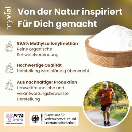 MSM kapsulas ar augstu devu 120 gab. – 800 mg metilsulfonilmetāna + organisks acerolas pulveris – vegāns – bez piedevām – bez plastmasas – ražots Vācijā – dabīgs sērs