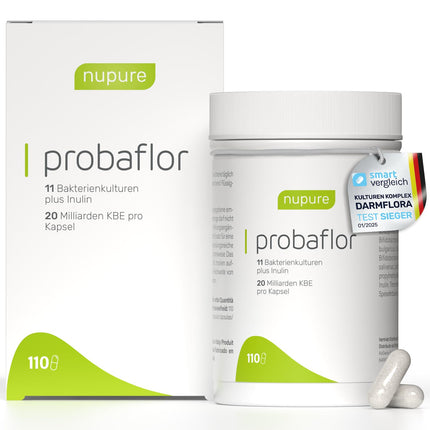 Nupure® Probaflor ar 345 miljardiem CFU/g*, 110 kapsulas ar 11 īpašiem baktēriju celmiem, Ar inulīnu un Lactobacillus salivarius SP2, Labāka aizsardzība, pateicoties īpašam iepakojumam, Vegāns