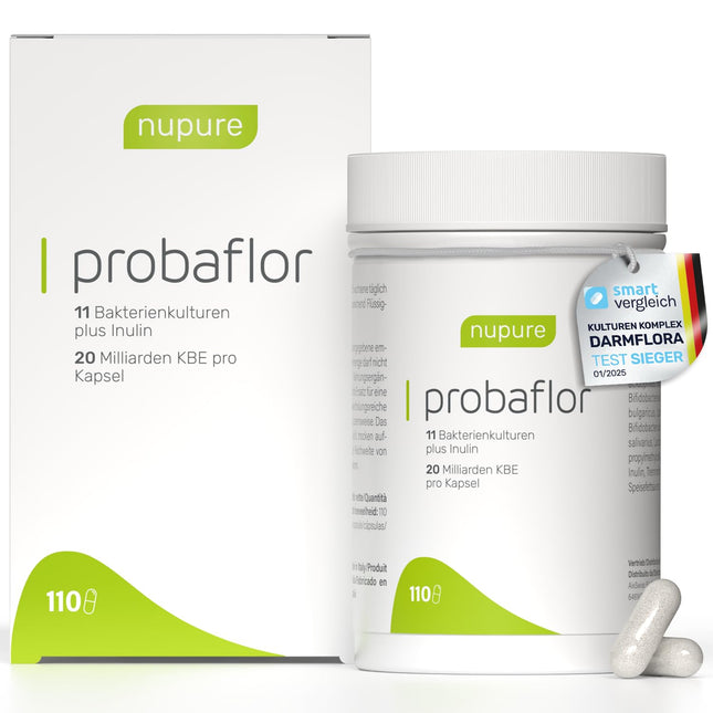 Nupure® Probaflor ar 345 miljardiem CFU/g*, 110 kapsulas ar 11 īpašiem baktēriju celmiem, Ar inulīnu un Lactobacillus salivarius SP2, Labāka aizsardzība, pateicoties īpašam iepakojumam, Vegāns
