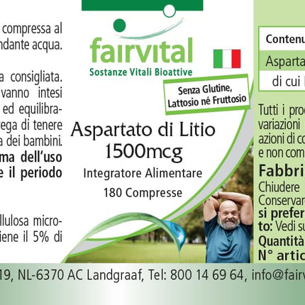 Fairvital | Litija aspartāts 1500 μg - 180 tabletes - Organiski saistīts litijs - Augsta biopieejamība - Kvalitātes pārbaude un liela deva - 100% vegāns - Ražots Vācijā