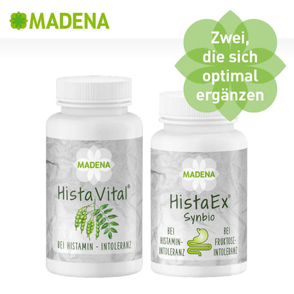 MADENA HistaEx Synbio – pienskābes baktērijas un bifidobaktērijas histamīna nepanesības un fruktozes nepanesības ārstēšanai – 60 kapsulas + 2 šķīstošās šķiedrvielas, dienas deva 20 miljardi baktēriju