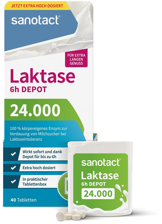sanotact Lactase 24,000 6h DEPOT (40 laktāzes tabletes) • Laktozes tabletes ar depo efektu • Laktozes nepanesības un piena nepanesības gadījumā • Tūlītēja iedarbība un 6 stundu ilgstoša depo iedarbība