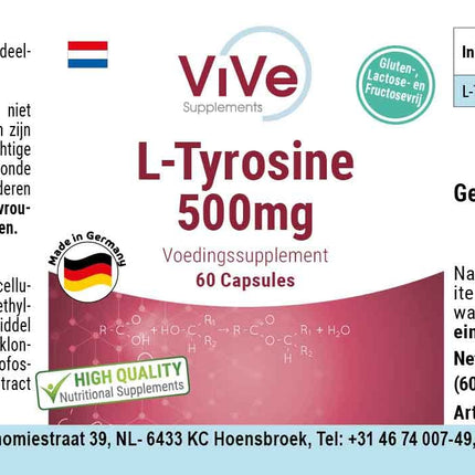 L-tirozīns 500 mg - 60 kapsulas - augsta deva - proteinogēna aminoskābe | Kvalitāte no Vācijas, ko nodrošina ViVe Supplements