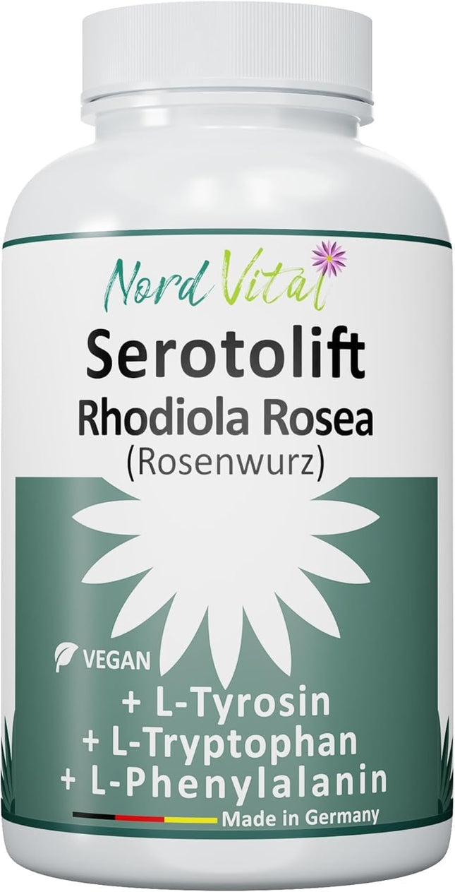 Nord Vital Serotolift - serotonīna un dopamīna prekursori - Rhodiola Rosea, L-triptofāns, L-tirozīns, L-fenilalanīns, hroms, cinks, vitamīni D3, B5, B6, B9 un B12 - vegāns - ražots Vācijā