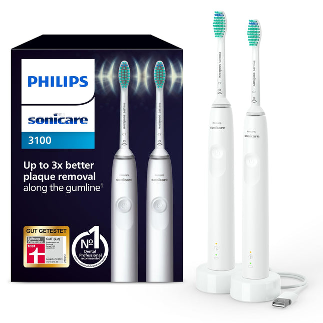 Philips Sonicare 3100 elektriskā zobu birste, Sonic zobu birste, spiediena kontrole un taimeris, balta, divu iepakojumā, modelis HX3675/13