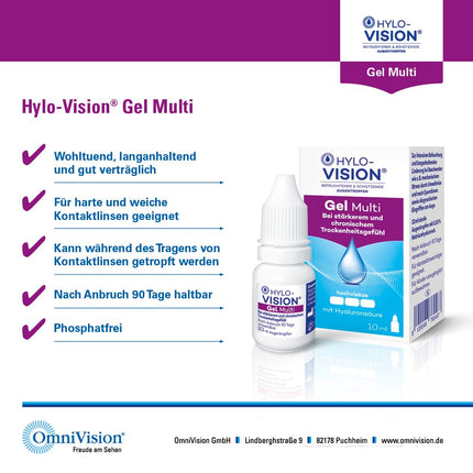 Hylo-Vision gēla daudzfunkcionālie acu pilieni – intensīvi mitrinoši un ilgstoši mazina kairinājumu vai sāpīgumu acīs, kā arī izteiktu sausumu, ļoti viskozi, piemēroti kontaktlēcām, 2 x 10 ml