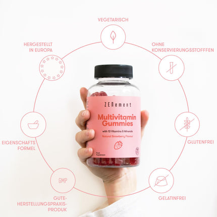 Multivitamīnu želejkonfektes bērniem, 120 gabali | Želejkonfektes ar 13 vitamīniem un minerālvielām (C vitamīns, D3 vitamīns, biotīns, folskābe, cinks un citi) | Ar zemeņu garšu